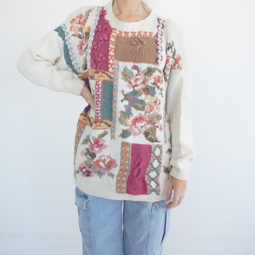 Vintage Heirloom Collectibles Floral Patchwork Cottage Knit Sweater Ivory Pink L
